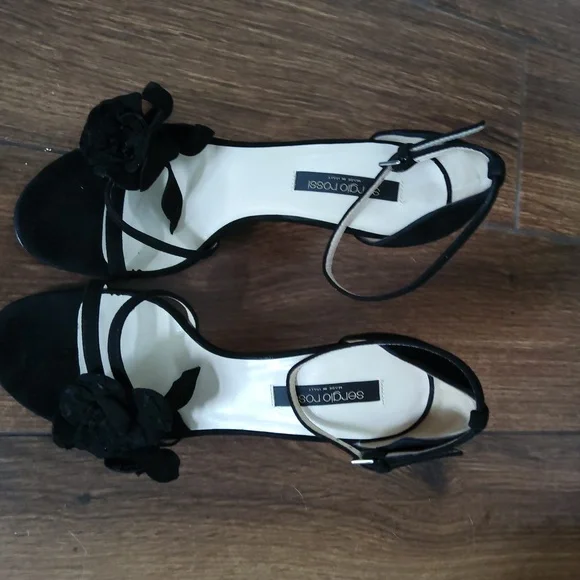 SERGIO ROSSI Black Suede Heels w/Movable Flowers & Leaves - Picture 6 of 6